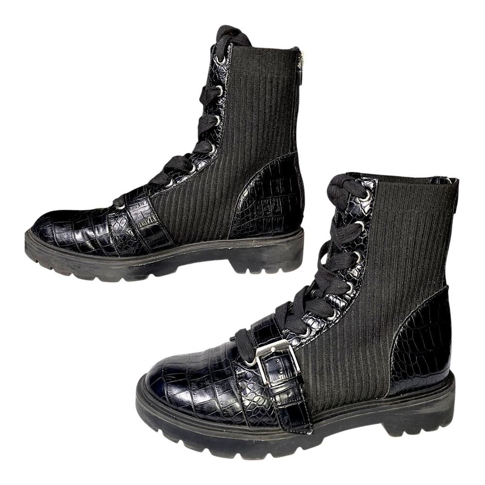 DV8 Black Croc Embossed Knit Cuff Lug Combat Boots Size 7 Buckle Moto Grunge